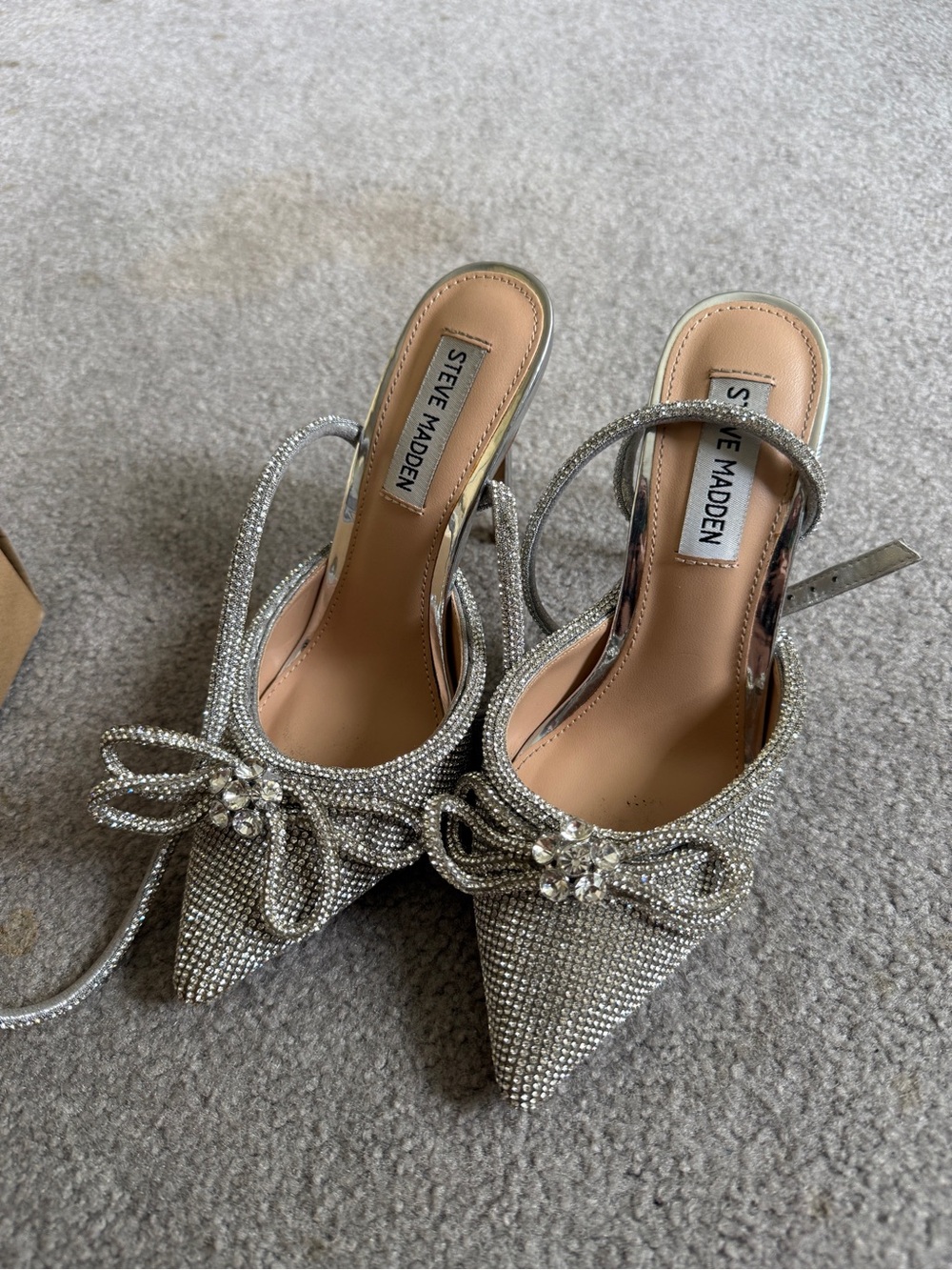 Steve Madden Silver Crystal Bow Pointed-Toe Slingback Heels